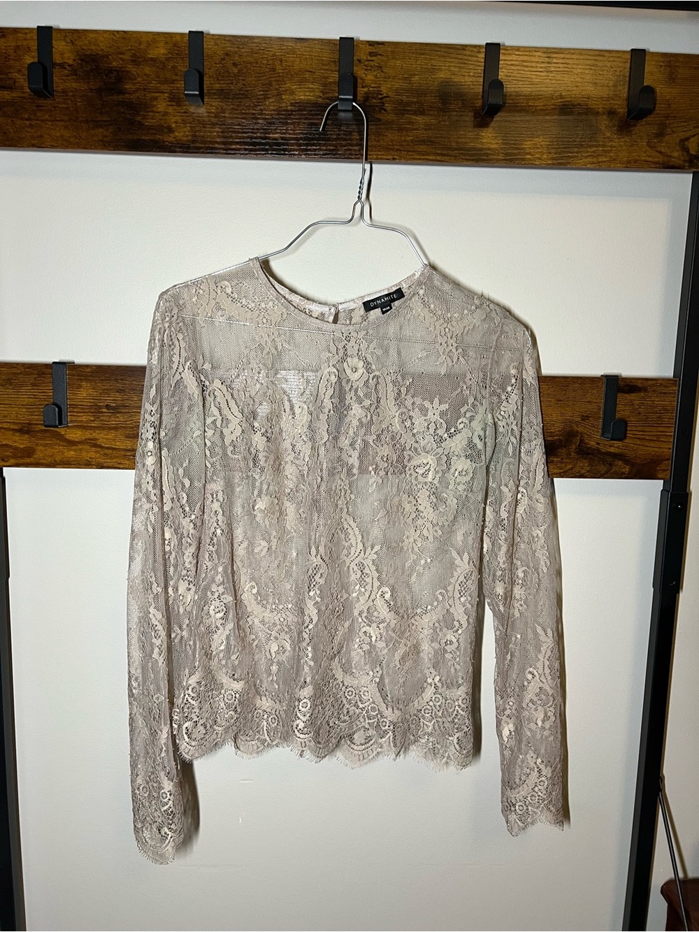 Dynamite Taupe Lace Long-Sleeve Sheer Blouse